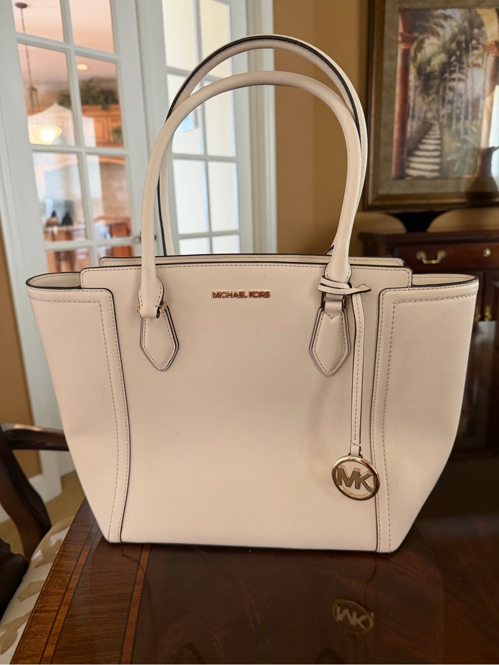 Michael Kors White Leather Tote Shoulder Bag with Gold Logo Charm